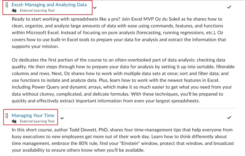 LinkedIn Learning items within MyLO
