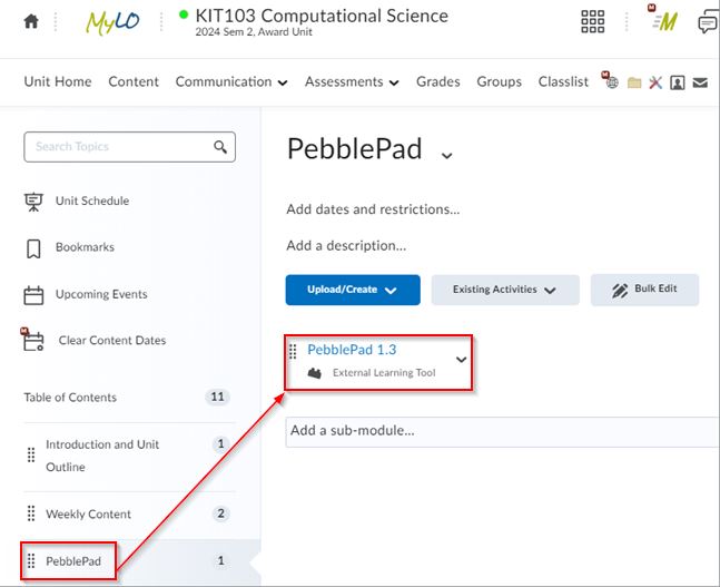 PebblePad link in unit