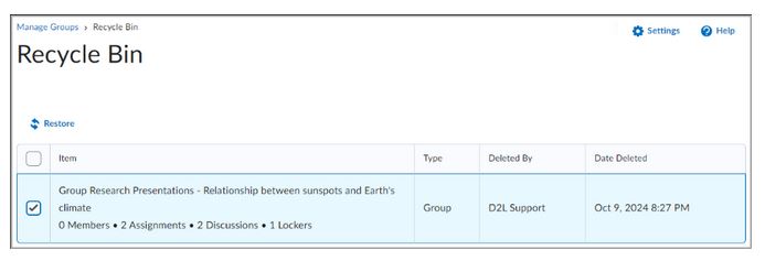 The Recycle Bin contains any deleted groups, and lists the associated members, assignments, discussions, and lockers for each group.