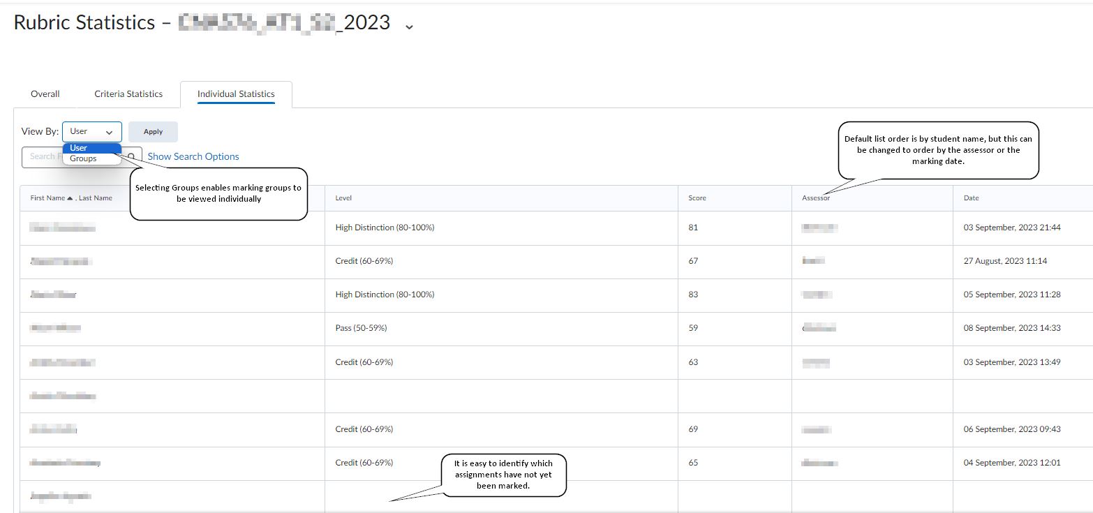 Rubric statistics view