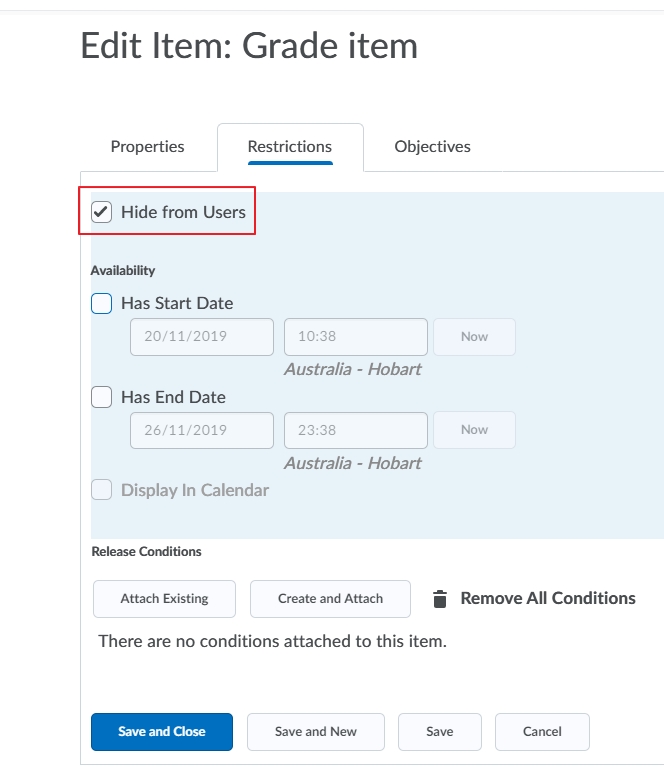 Hide grade item  from view
