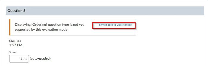 A warning message for a question noting that the question type is not supported for the evaluation experience