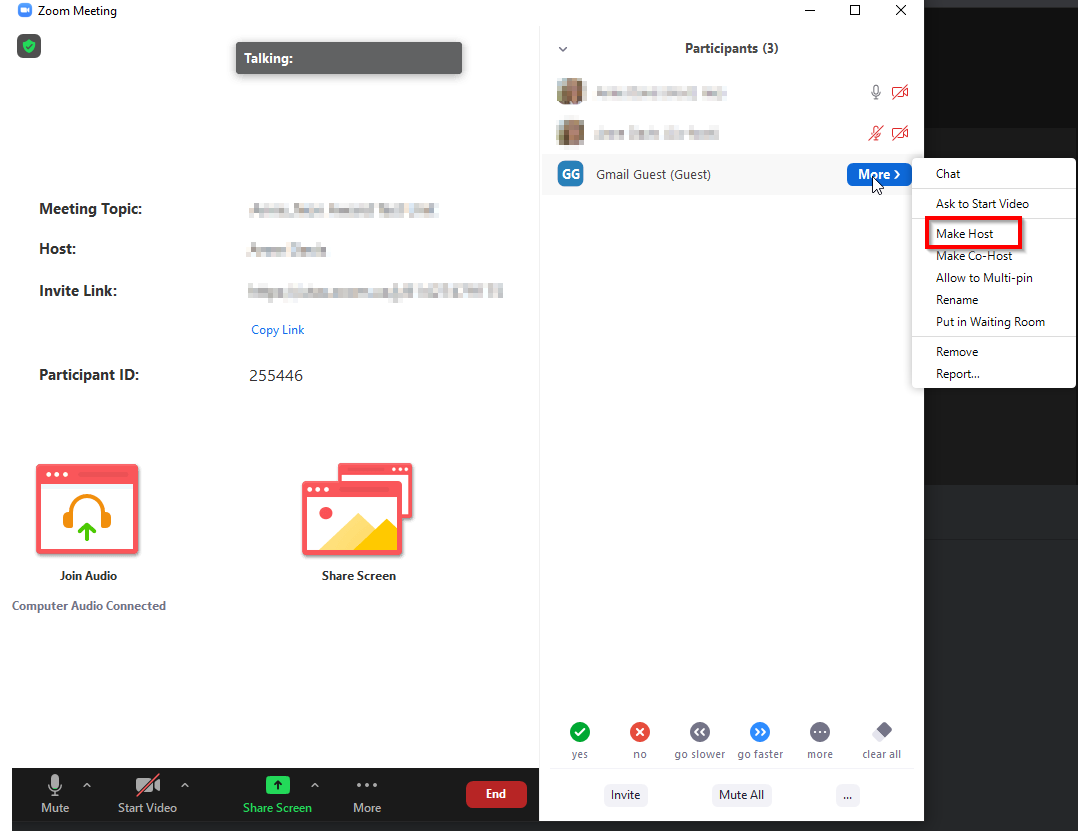 Assigning a host during a zoom call