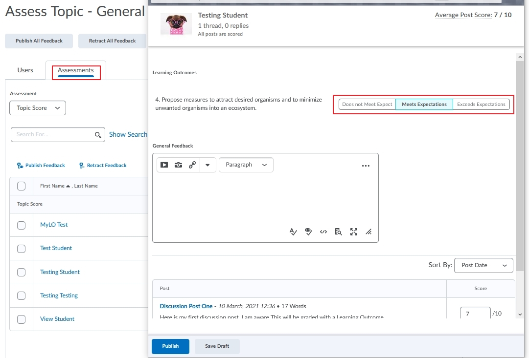 Grade your user and select the Learning outcome