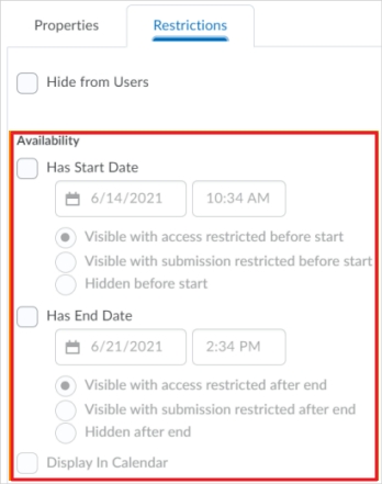 The new consolidated options for visibility and posting restrictions in the Restrictions tab