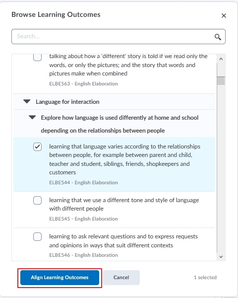 The Browse learning outcomes page lists the applicable outcomes you have previously imported.