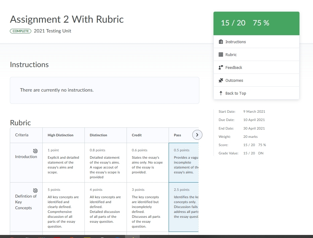 Clicking an activity displays the feedback and assessment area for the students submissions of that activity