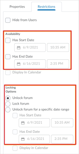 The previous options for visibility and posting restrictions in the Restrictions tab
