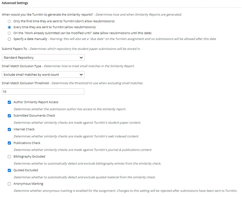 Advanced Turnitin Settings