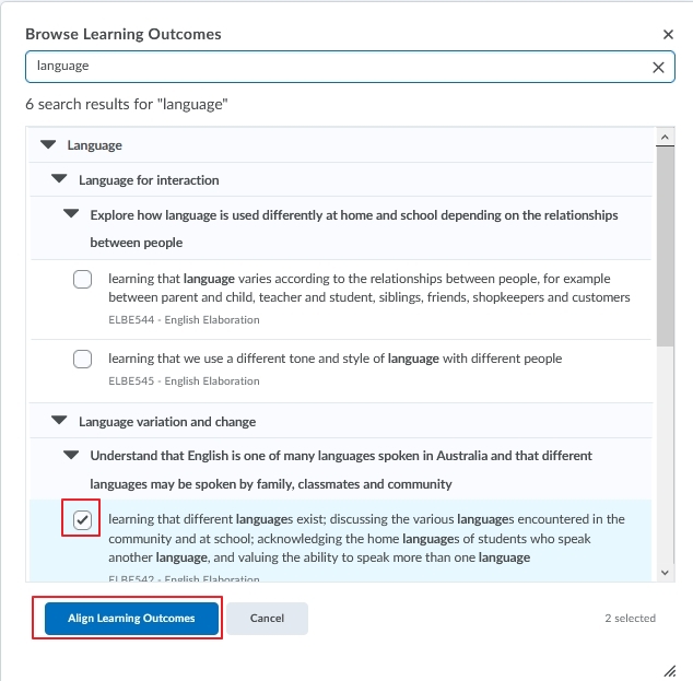 The Browse Learning Outcomes screen displays the list of outcomes you have imported. 