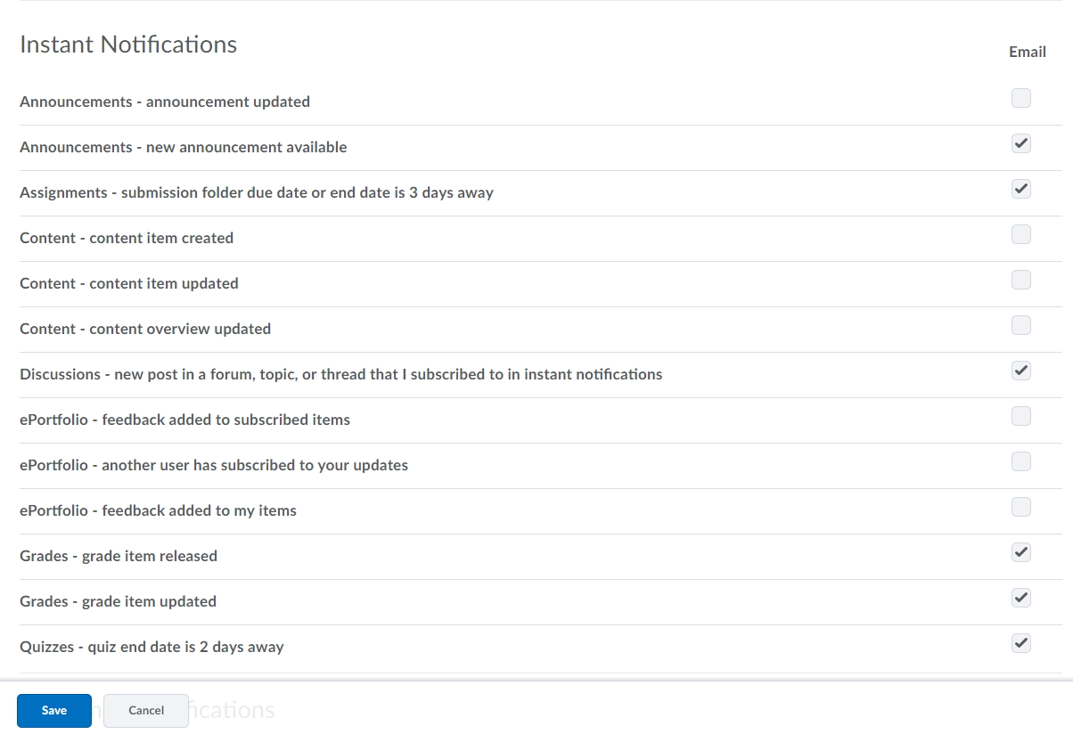 Screenshot of Instant Notifications section on the Notifications page.