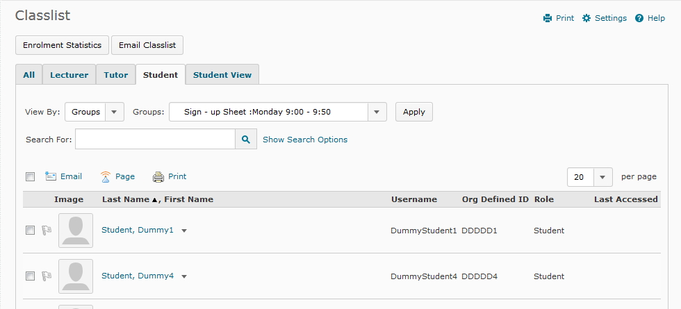 View the classlist by specific group