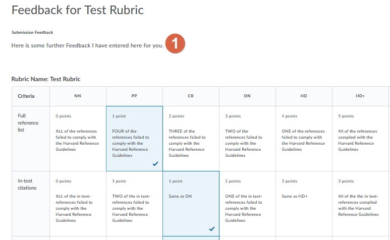 Student view of Rubric once grades are published