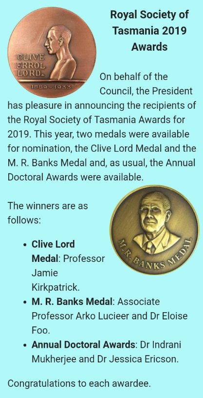 The royal society of Tasmania awards
