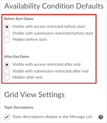 The new default options for visibility and posting restrictions in the Discussions Settings