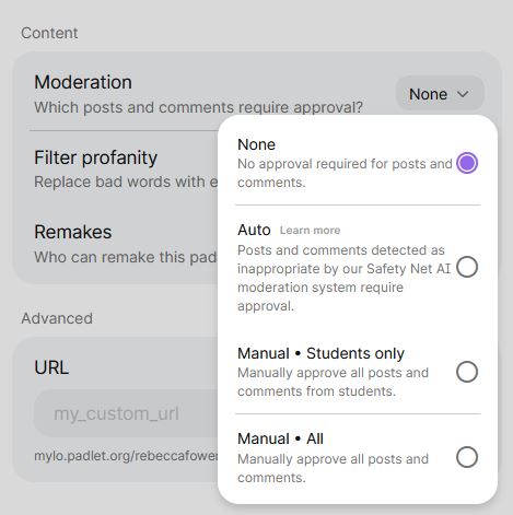 Padlet Moderation settings
