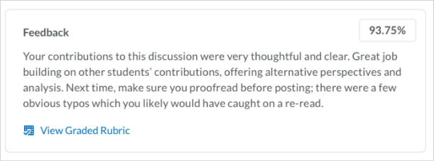 Figure: A discussion showing instructor feedback, score, and link to the graded rubric
