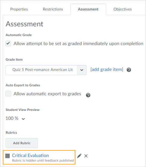 Figure: Rubric visibility in a quiz