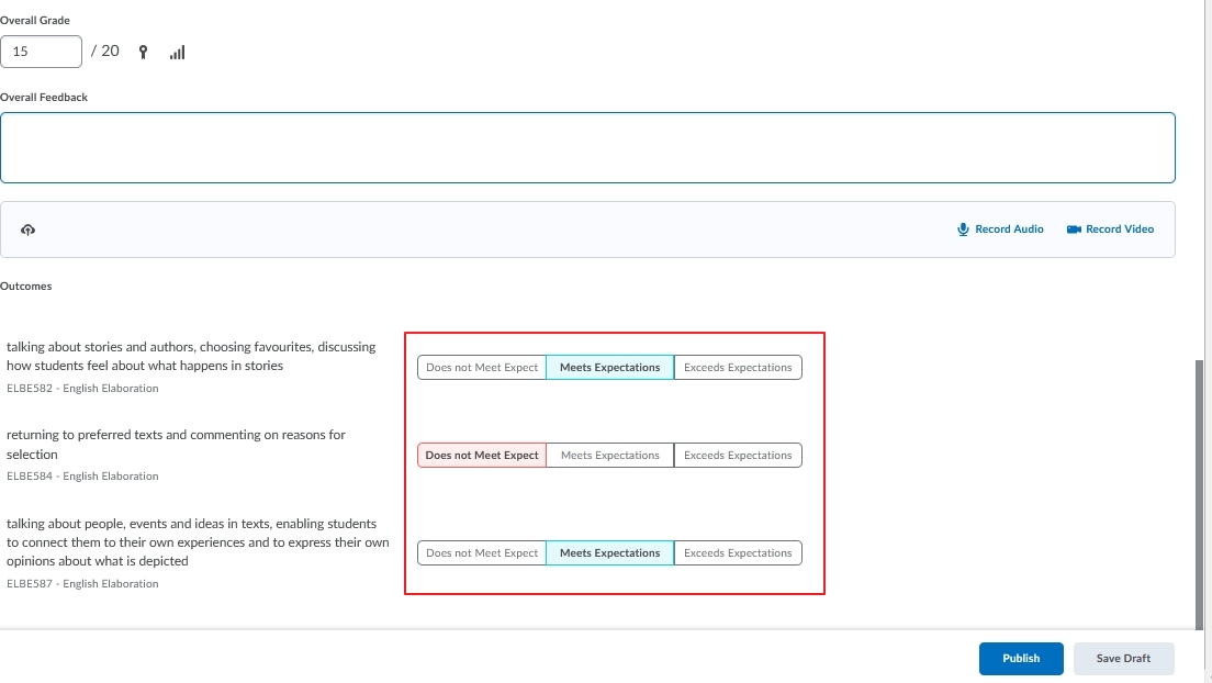 Assessing a student against specific learning outcomes in an assignment