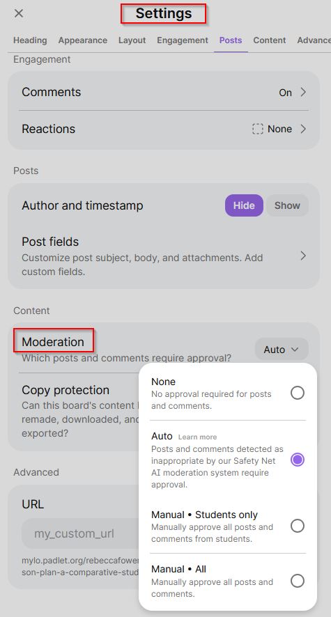 Padlet Moderation settings