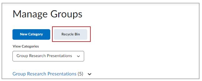 The Recycle Bin button appears on the Manage Groups page to the right of the New Category button.