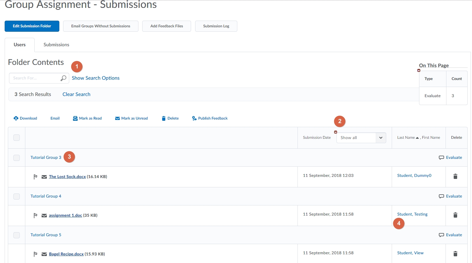 Submitted groups screen