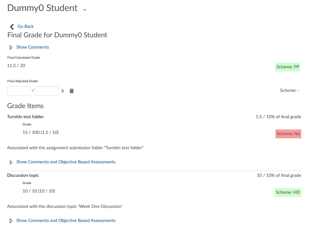 View of withdrawn students grades