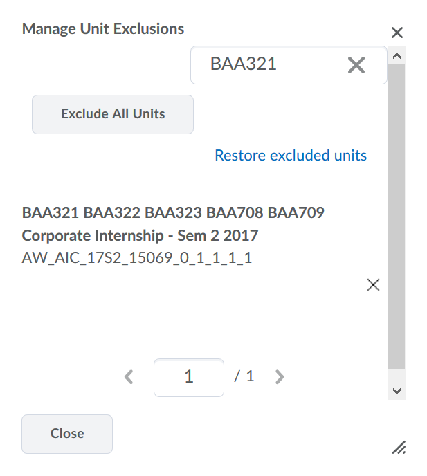 Screenshot of the Manage Unit Exclusions page.